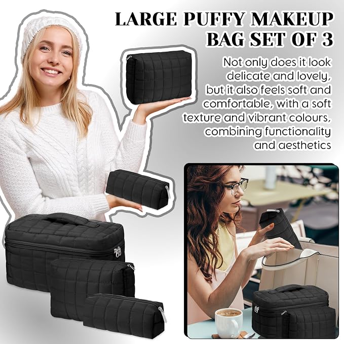 Huhumy 3 Pcs Large Puffy Makeup Bag Set Quilted Cosmetic Pouch for Women Cute Checkered Travel Toiletry Bag Puffer Makeup Organizer Purse Pouch Preppy Pencil Case with Zipper Valentine Gift(Black)