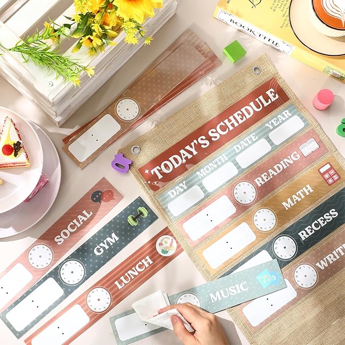 Pasimy Burlap Daily Schedule Pocket Chart with 31 Reusable Cards and 14 Pockets Retro Rainbow Classroom Decor Farmhouse Schedule Charts Decorations for Back to School Office Home Educational Activity