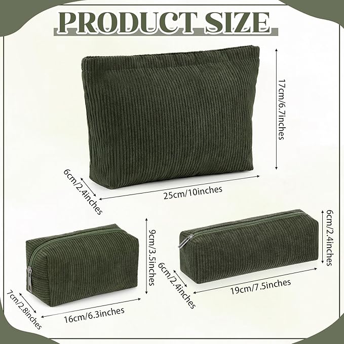Huhumy 3 Pcs Makeup Bag Set for Women Corduroy Cosmetic Pouch Aesthetic Smile Travel Toiletry Bag Cute Purse Pouch Pencil Case Makeup Brushes Storage Organizer with Zipper(Army Green,Solid Style)