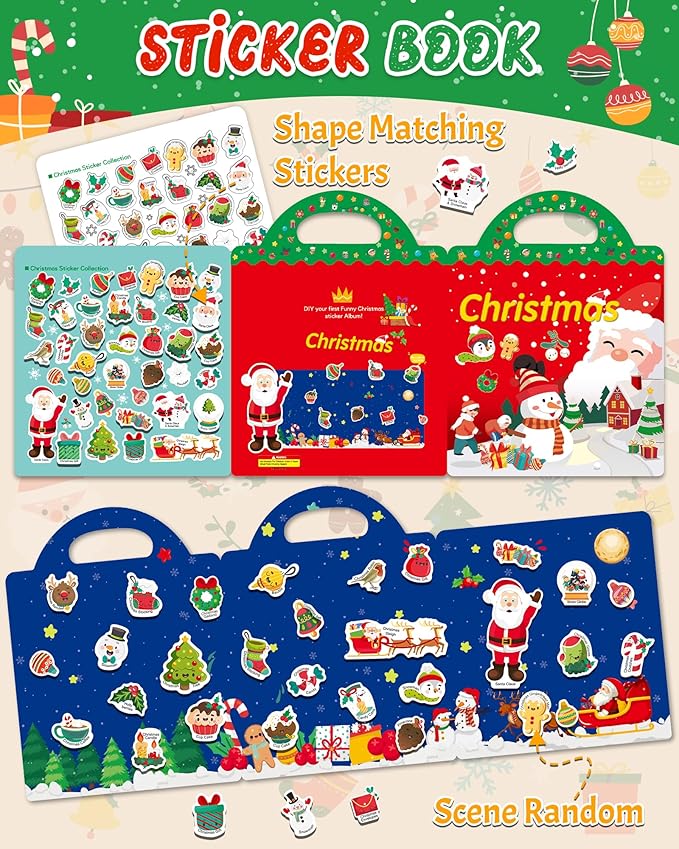 Benresive Reusable Sticker Book for Toddlers, Travel Stickers for Kids, Toddler Crafts Activities Toys, Birthday Gifts for Boys & Girls - Christmas