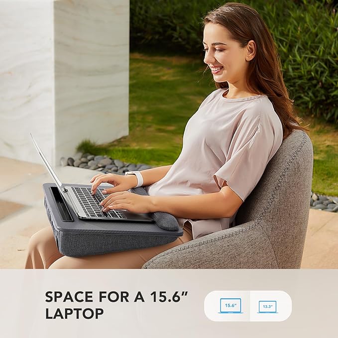 HUANUO Laptop Lap Desk - Portable Lap Desk with Pillow Cushion, Fits up to 15.6 inch Laptop, with Anti-Slip Strip & Storage Function for Home Office Students Use as Computer Laptop Stand - Grey