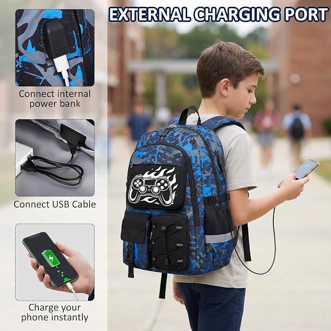 School Backpack for Boys - 4pcs Gamer Boys Backpack with Lunch Box Set for Kids Teens Elementary Middle High School,18″ Large Capacity Students Bookbag with Usb Charging Port & Key-chain