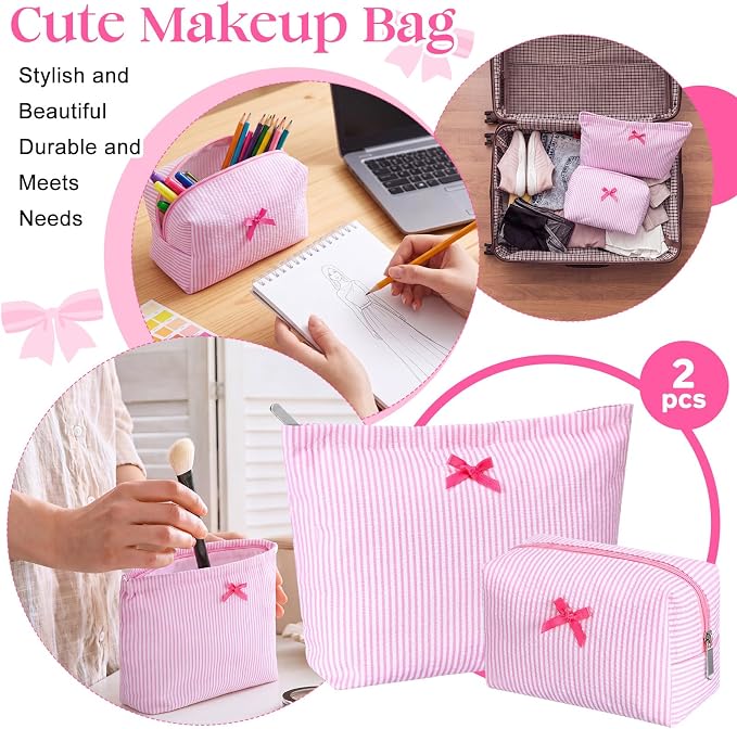 Huhumy 2 Pcs Bow Tie Makeup Bag Set, Stripe Cosmetic Pouch for Women, Seersucker Travel Toiletry Bag, Preppy Makeup Purse Pouch, Aesthetic Skincare Brushes Storage Organizer for Women Gifts(Pink)