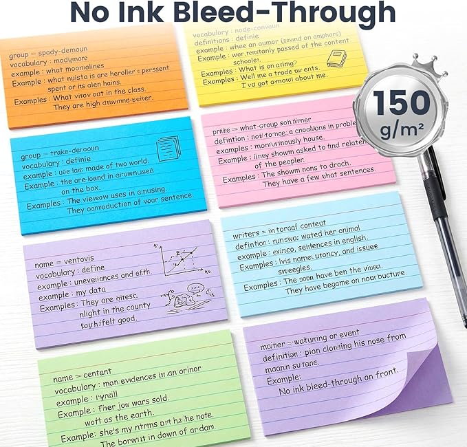 Koogel Index Cards 3x5, 300 Count, Colored Flash Card Lined Ruled on Both Side, Heavyweight Notecards for Back to School Studying Learning College Office Home Taking Notes Supplies, 8 Assorted Colors