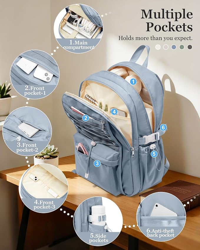 suwasp College Backpack for Women, Waterproof Laptop Backpack Fits 15.6 Inch Laptop, School Bookbag with Water Bottle Pocket, Anti Theft Work Backpack for College, Travel, Commuter,