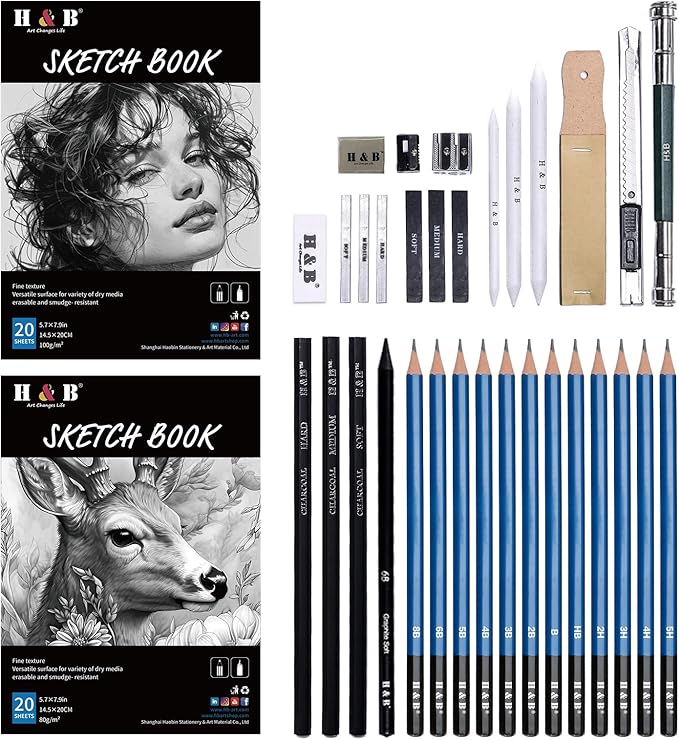 H & B 36 Pack Drawing Set Sketch Kit,Sketching Supplies with 2 sketch pad, Graphite Pencils, Charcoal Sticks, Eraser, Pro Art Drawing Kit for Artists Beginner Adults, Ideal for Shading, Blending