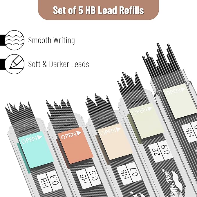 Mr. Pen- Art Mechanical Pencil Set, 5 Metal Mechanical Pencils (0.3, 0.5, 0.7, 0.9, 2.0mm), 5 HB Lead Refills & 10 Eraser Refills, Precision Drawing Pencils for Sketching, Writing & Technical Artwork