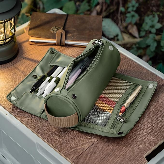 Lanxivi Large Capacity Pencil Case Roll Up Design Multifunctional Pencil Holder Pouch Stationery Pen Bag for Teen Girls and Boys Camping style - Green
