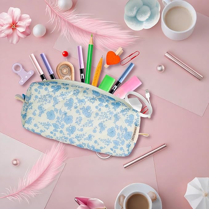 Cute Quilted Pencil Case for Girls Women, Aesthetic Small Floral Pencil Pouch,Slim Soft Pencil Bag for School Supplies Makeup Pouch for School & Daily Use (blue floral)