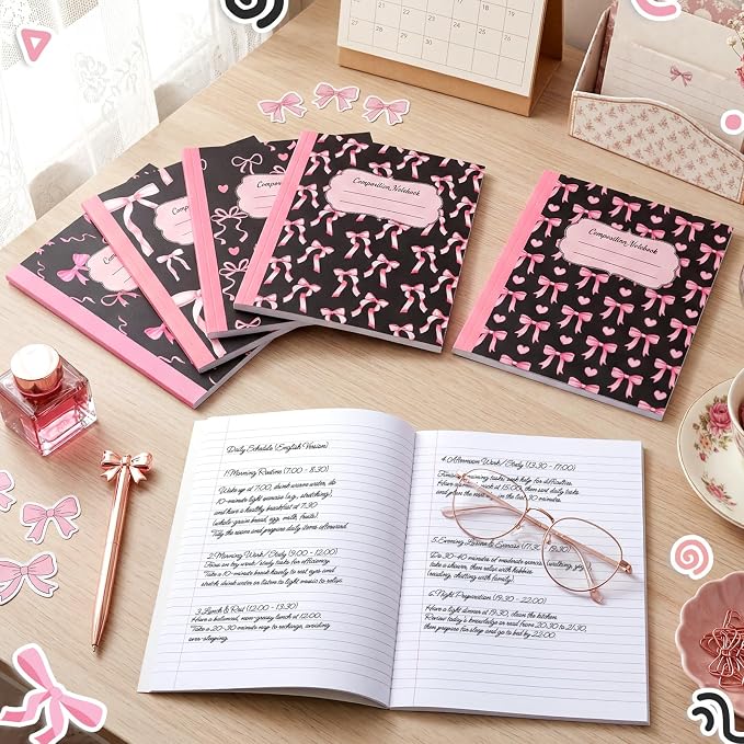 Fullhawl 6 Pack Composition Notebook College Ruled Bulk Black Pink Bow Composition Notebook Preppy Aesthetic for Back to School Supplies 110 Pages 9-3/4 x 7-1/2" Journal for First Day of School Office
