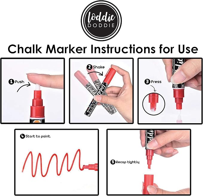 Loddie Doddie Liquid Chalk Markers - Pack of 4, Basic Colors, 6mm Tip - Washable Window Markers - Erasable Pens for Chalkboard Calendar - Fine Tip Chalk Pens for Precision Details