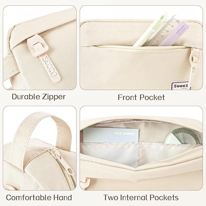 Sooez Original High Capacity Pencil Case, Big Pencil Bag Pouch Box Organizer Pen Case, Aesthetic Supply for Girls Adults, Portable Journaling Supplies with Easy Grip Handle & Loop, Beige