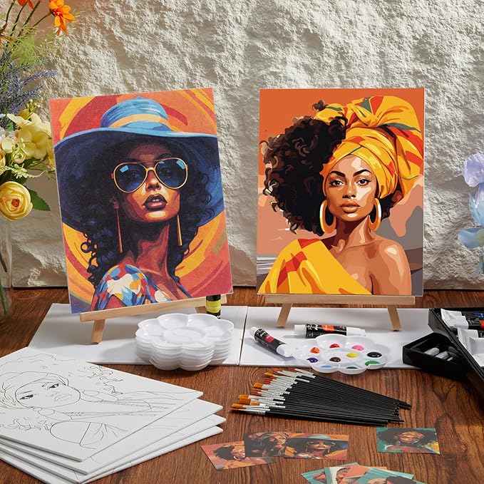 Cholemy 36 Pcs Paint and Sip Kit for Adults 8''x10'' Pre Drawn Canvas for Painting DIY Afro Acrylic Painting Kit Wood Easel Brushes Date Night Bulk for Father's Day Party Gifts(African Women)