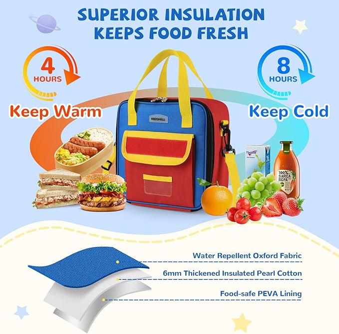 REDSHELL Tactical Lunch Box Kids, Large Insulated Lunch Bag for Boys Girls, Cooler Lunchbag, Square Toddler Lunchbox, School Daycare Lunch Tote Pail with Water Bottle Holder Shoulder Strap, Red Blue