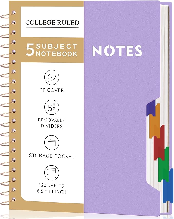 CAGIE Spiral Notebooks for School Work with Removable Dividers Tabs, 8.5” x 11” 5 Subject Notebook College Ruled, Large Lined Journaling Notebook for Women Men Writing, Purple