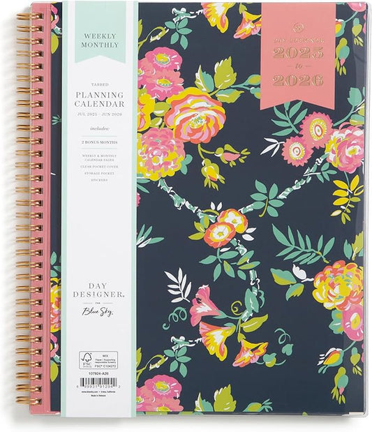Blue Sky Day Designer 2025-2026 Weekly and Monthly Academic Year Planner Calendar, July 2025 - June 2026, 8.5" x 11", Flexible Cover, Laminated Tabs, Storage Pocket, Includes Stickers, Peyton Navy