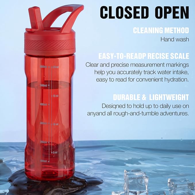 OLDLEY 20oz Kids Water Bottle with Straw, BPA-Free Tritan Water Bottle for School, Leakproof Clear Water Bottle with One Click Open, Measurement Scale, Cup Holder Friendly for Boys Girls,Clear Red