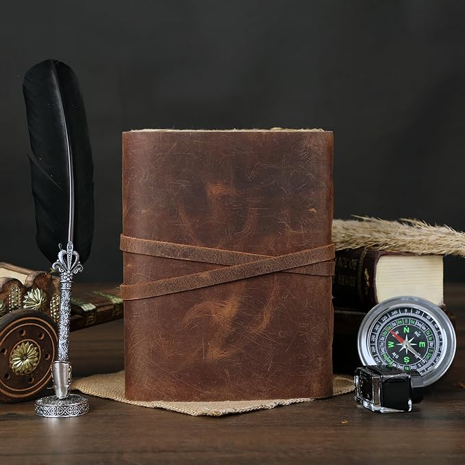 Leather Journal with Deckle Edge Paper 8x6 inch and Vintage Key | Handmade Writing Notebook Diary | Bound Daily Notepad for Men & Women Medium, Sketch/Writing pad for Artists