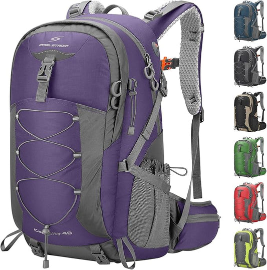 Maelstrom 40L Hiking Backpack, Lightweight Camping Daypack with Rain Cover | Water-Resistant Rip-Stop Nylon, Wet/Dry Separation, Multi-Pockets, Survival Whistle. Ideal For Men, Women, Travel, Trekking