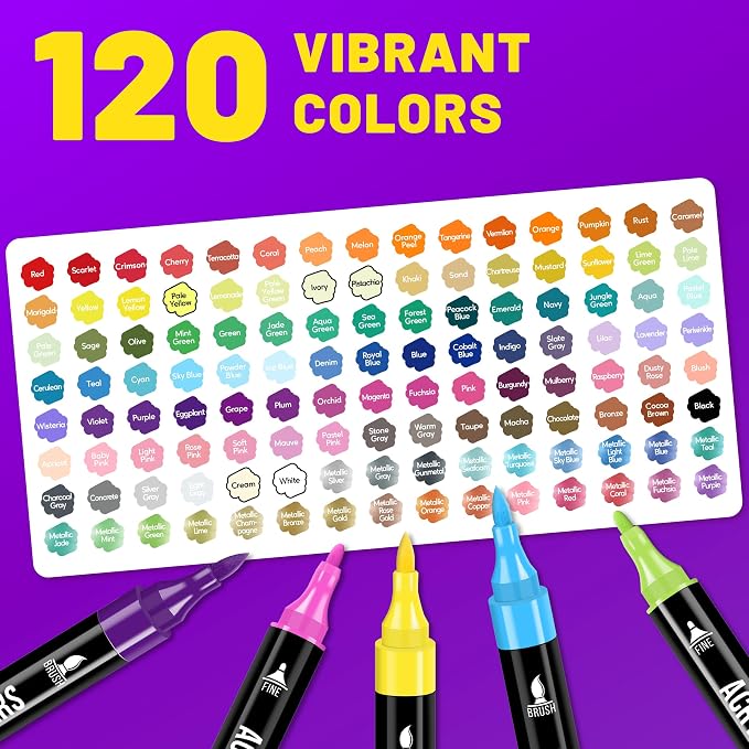 Pagather Acrylic Paint Markers, 120 Colors Dual Tip Fine & Brush Pens Set