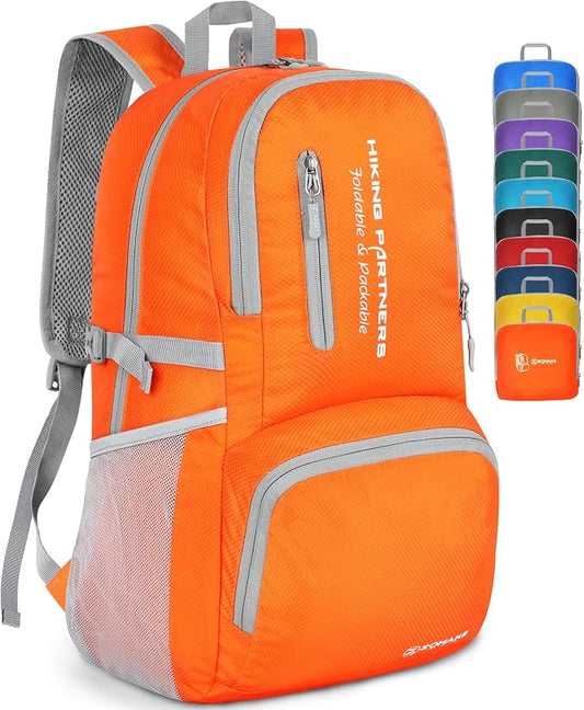 ZOMAKE Lightweight Packable Backpack, Water Resistant Foldable Daypack 35L | Light Hiking Backpacks Collapsible Day Pack for Travel, Everyday Carry, Multi Compartment Storage, Adjustable Strap (Orange)