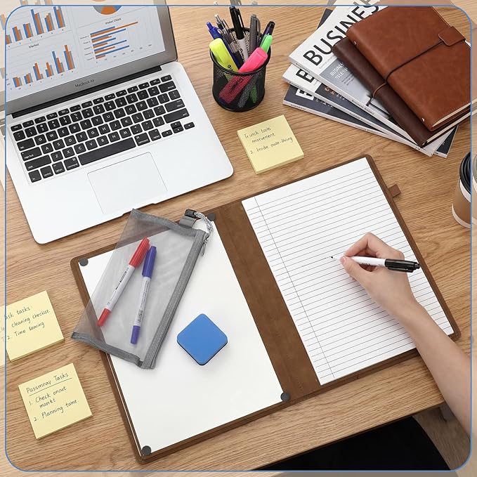 Feifeiya 6 Sides Dry Erase Notebook Portable Whiteboards Notebook Small Reusable College Ruled Lined Board Folding Mini Travel Dry Erase White Board for Office Study (Brown,A4: 9 x 12 Inches)
