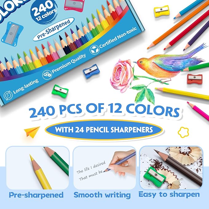 240 Count Colored Pencils Bulk for Classroom, Color Pencils for Kids in 12 Vibrant Colors, Pre-sharpened Coloring Pencils Set Plus 24 Sharpeners, Bulk Pack Colored Pencils for Back to School Supplies