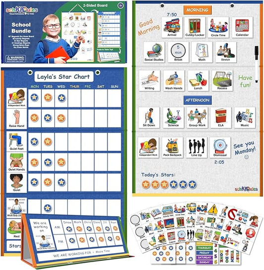 SchKIDules Magnetic Visual Schedule & Progress Chart for School; 2-Sided 18” Folding Board Plus 141 Magnets for Daily Routines, Positive Behavioral Supports, Special Ed, Preschool, ADHD & Autism