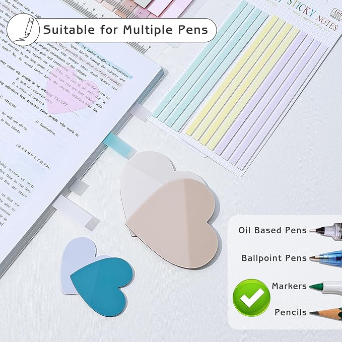 870 Sheets Transparent Sticky Notes, Clear 3 x 3 Heart Sticky Notes with Marker, Waterproof Translucent Annotation Index Tabs for Bible Study Journaling Supplies
