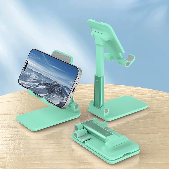 Cell Phone Stand, Adjustable Angle and Height Cell Phone Holder for Desk, Foldable and Portable, Anti-Slip Silicone Pad, Compatible with All Mobile Phones and 4-8 Inch Devices (Green&Green)