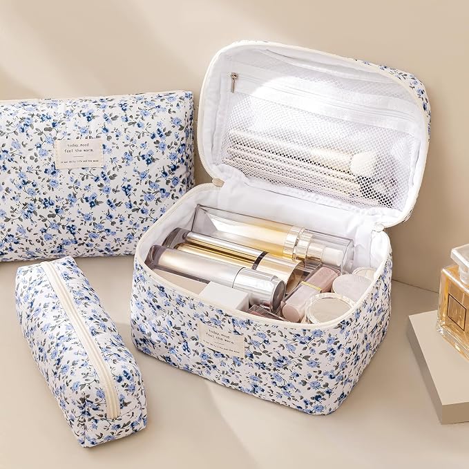 HBselect Quilted Makeup Bag, 3Pcs Cotton Large Travel Makeup Bags Organizer | Cute Floral Make up Bag Cosmetic Bag Toiletry Bag for Women Girls, Makeup Pouch for Skincare, Brushes & Travel Essentials