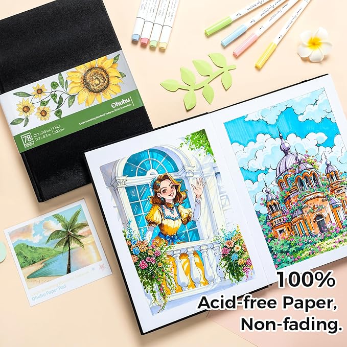 Ohuhu Sketchbook Marker Paper Pad: 8.3"x11.7" Large Art Sketch Book Drawing Papers 78 Sheets/156 Pages 120 lb/200 gsm Hardcover Sketching Books for Alcohol Markers Sketchpad Christmas Gift