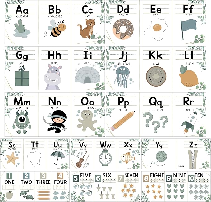 Hadley Designs Alphabet for Classroom Wall Decor - ABC Posters for Classroom Wall Chart Preschool & Kindergarten, ABC Letters & Number Line Elementary, Alphabet Cards, Greenery Classroom Decor