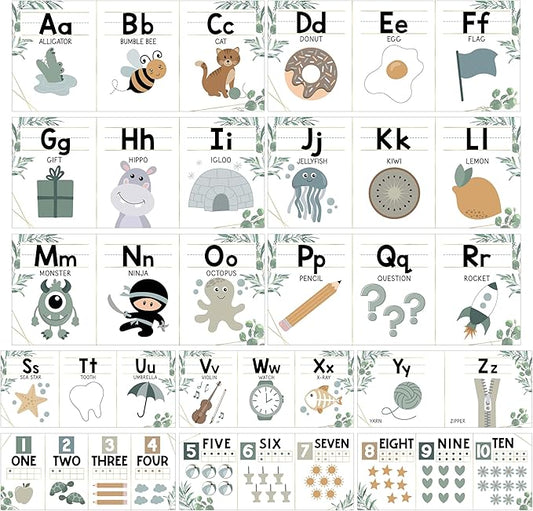 Hadley Designs Alphabet for Classroom Wall Decor - ABC Posters for Classroom Wall Chart Preschool & Kindergarten, ABC Letters & Number Line Elementary, Alphabet Cards, Greenery Classroom Decor