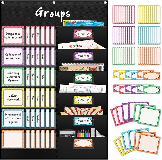 AKAYOK Small Group Pocket Chart with 84 Colorful Dry Erase Cards, Classroom Jobs Chart with 6 Pocket Wall Hanging File Folder, Pocket Chart for Classroom,Office,Home, Small Group Classroom Must Haves