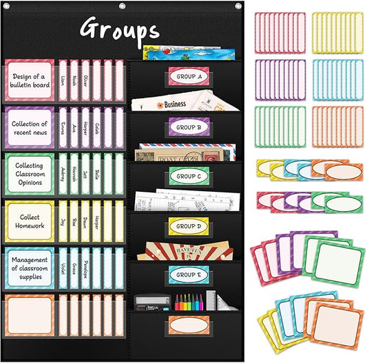 AKAYOK Small Group Pocket Chart with 84 Colorful Dry Erase Cards, Classroom Jobs Chart with 6 Pocket Wall Hanging File Folder, Pocket Chart for Classroom,Office,Home, Small Group Classroom Must Haves