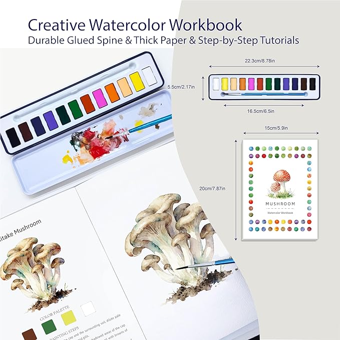 CraftyManor 2Pcs Watercolor Workbook Creative Water Color Paint Book Set with Paints & Brush, 12 Patterns of Original DIY Designs, Beginner-Friendly Adult Coloring Books (Insect & Mushroom)