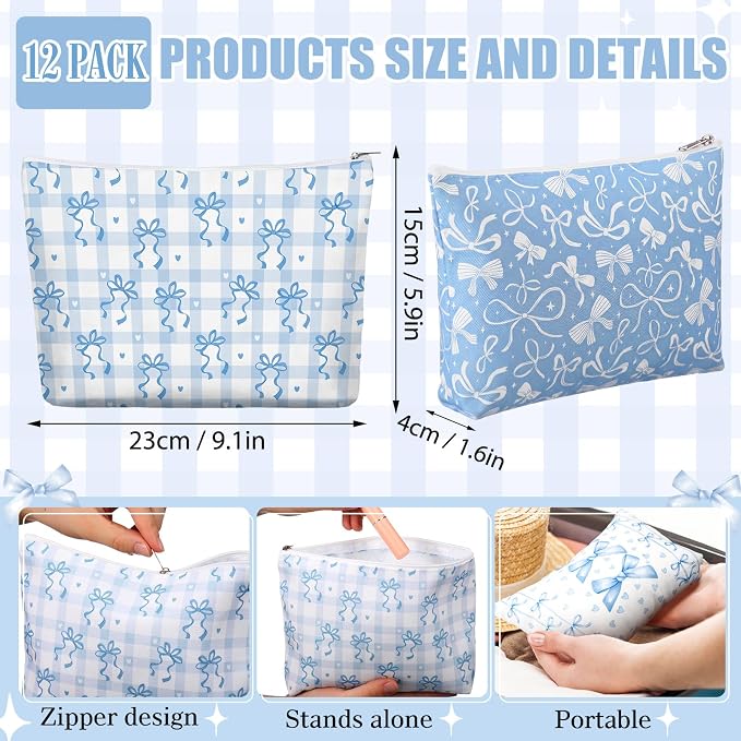 Reginary 12 Pcs Blue Bow Makeup Bags Coquette Bow Cosmetic Bags with Zippers Coquette Party Favors Blue Aesthetic Elegant Pouch Bulk Gifts for Women Stuff Christmas Birthday Supplies Travel Accessory