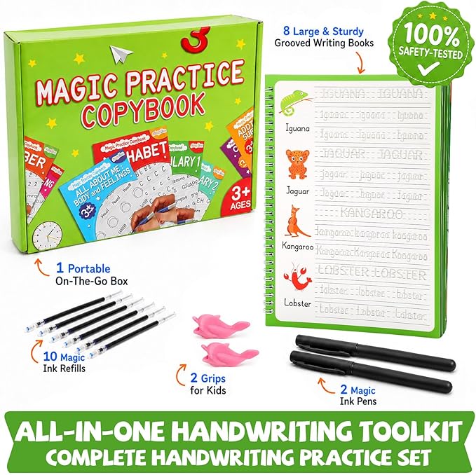 Magic Grooved Writing Practice Books for Kids 3-10, Large Reusable Handwriting Workbooks with Disappearing Ink, 3D Tracing Book Toy Gifts for Kindergarten Summer Workbook Preschool Learning Activities