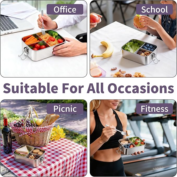TeamFar Stainless Steel Bento Box, 3 Pack (28 & 47 & 81oz) Metal Lunch Box with 3 Compartments for Adults/Kids, Lunch Food Containers for School/Work/Meal Prep, Leak-Proof, 850ML+1400ML+2400ML