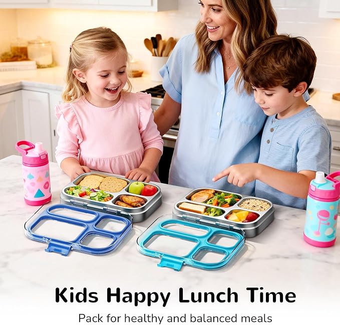 G.a HOMEFAVOR Stainless Steel Lunch Box - 4 Compartments Bento Box for Kids, Leakproof Food Container for School, Office, Dishwasher Safe, BPA-Free, 800 ml/27 oz, Dark Blue