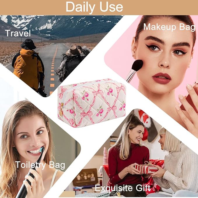 Travel Makeup Bag, Cosmetic Bag for Women Girls, Floral Flowers Toiletry Organizer, Portable Storage Bag, Pink Bowknot/Gold Zipper