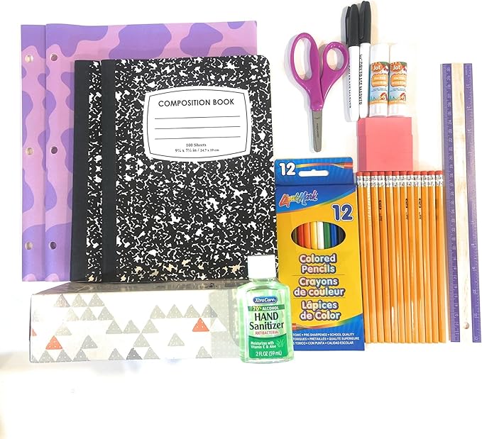 BLJ School Supplies for Kids, Back to School Supply Box, Supplies for Girls or Boys, Essentials Supplies for K-8 Kindergarten Elementary-School Supply Kit 39PCS (Purple)