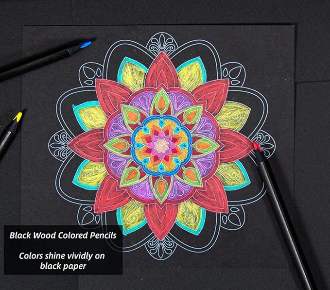 H & B 120-Color Black Wood Colored Pencils Set with Coloring Book, Eraser, Sharpener - Adult Drawing and Coloring - Artist-Grade Soft Oil-Based Cores - Works on Black Paper