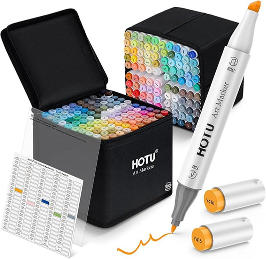 HOTU 100 Colors Alcohol Markers Fine Tip, Dual Tips 79 Vibrant Colors+20 Skin Tone Colors+1 Colorless Blender, Art Markers for Adult Coloring book, Illustration, Non-Bleeding Pad-CPC Certificated