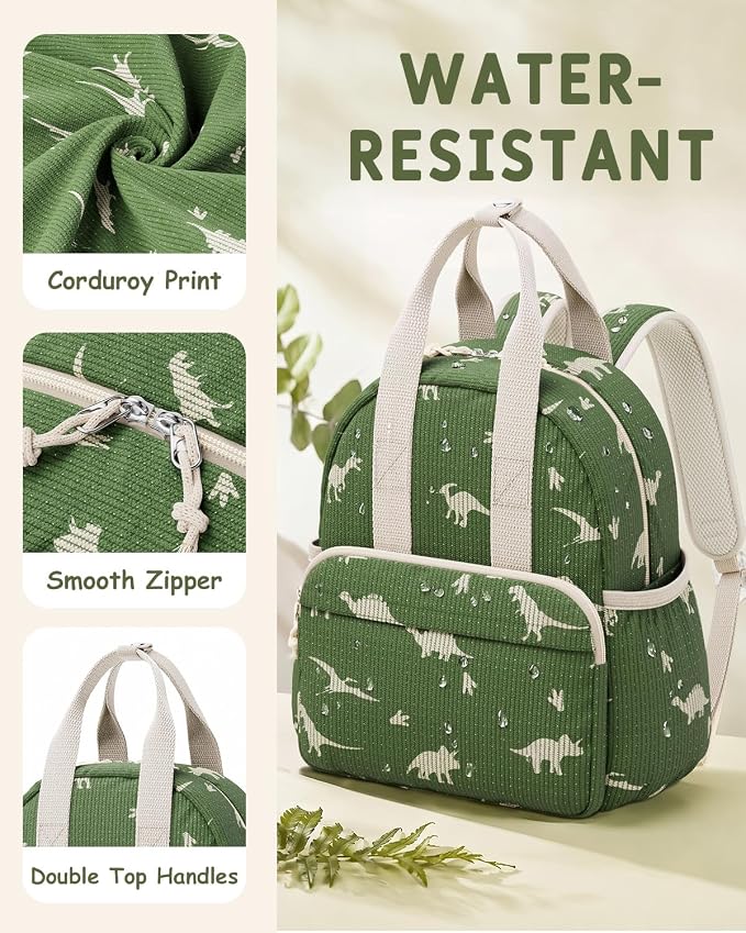 Corduroy Toddler Backpack for Preschool Boys Girls Ages 2-4 | 12 Inch Water-Resistant Small Kids Backpack for School & Travel, Lightweight Bookbag(Medium,Dinosaur)