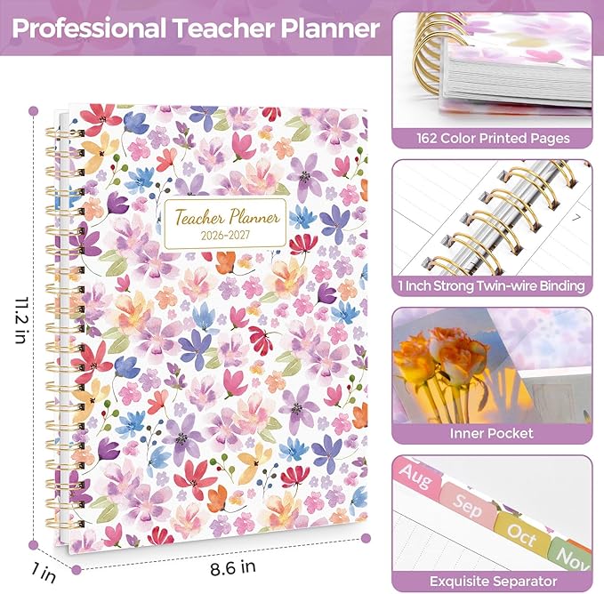 SKYDUE Teacher Planner 2026-2027 Academic Year, 8.5" x 11" Teacher Lesson Planner with Monthly Tabs & Stickers, Lesson Plan Book 26-27, Floral