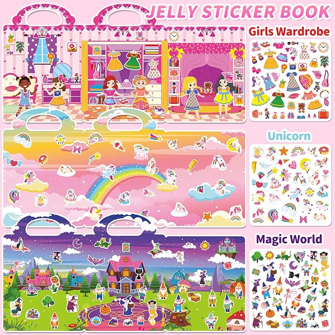 6 Sets Reusable Sticker Book for Girls 3-6, Jelly Sticker Books for Toddler, Travel Sticker Activity Toys for Kids 3 4 5 6 Years Old Girls (Girl Theme)