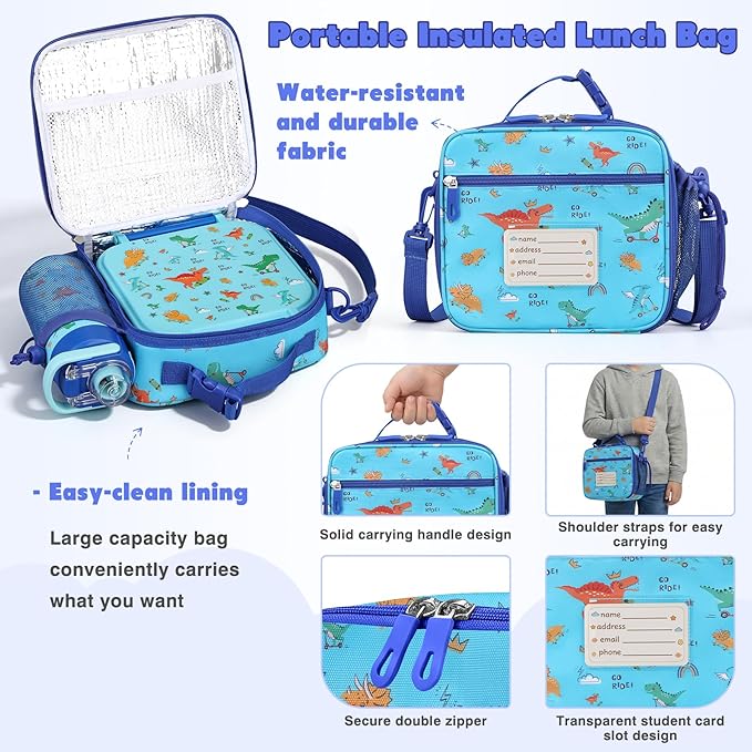 Bento Lunch Box for Kids with 7oz Soup Thermo,Insulated Stainless Steel Kids Water Bottle with Straw and Insulated Lunch Bag,Leak-Proof Lunch Food Container with Ice Pack for School (Blue-Dinosaur)