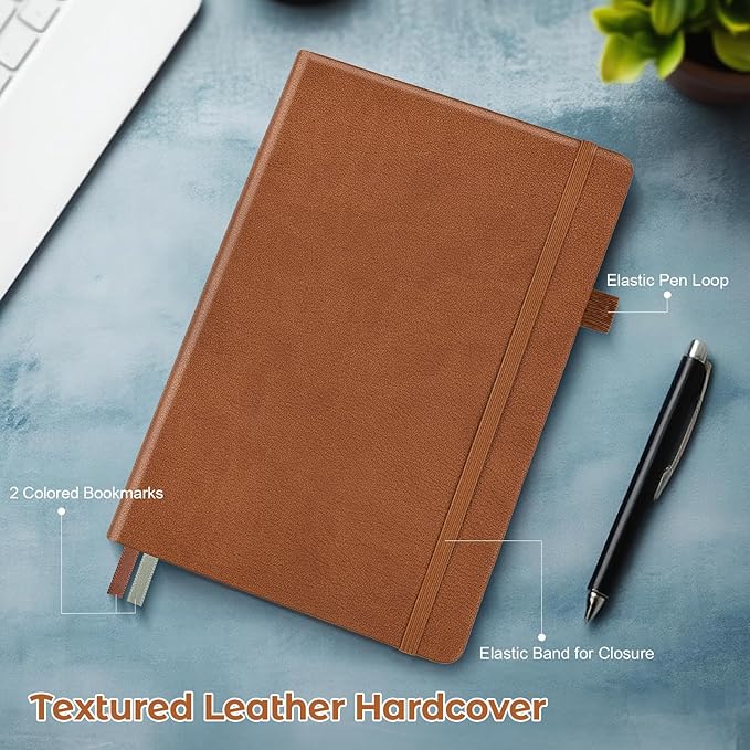 College Ruled Notebook, A5 Hardcover Leather Notebook for Work, Lined Notebook Journal for Women, Men, 100GSM Thick Paper, Large Notebook with Pockets, Professional Business Notebook, 5.7"x8.5", Brown